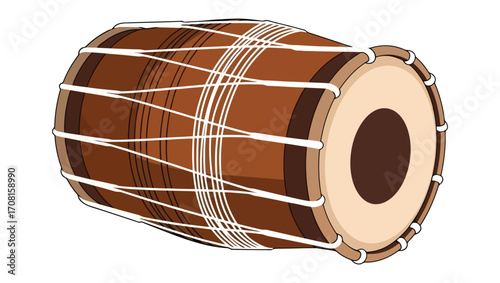 Detailed illustration of a traditional Indian drum (Dholak) isolated on a clean white background