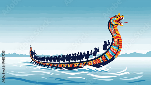 Colorful Dragon Boat Race in Full Motion, Symbolizing Teamwork and Cultural Tradition