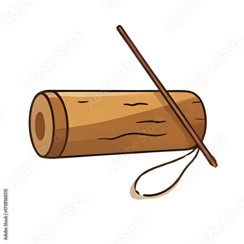 A wooden log drum with a beater, a simple illustration of a traditional percussion instrument.