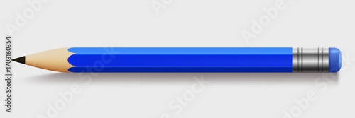 Blue pencil with eraser, isolated on white background. Realistic 3d vector illustration. Stationery. School supplies. Office tools.