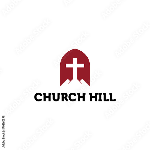 A minimalist religious featuring a white Christian cross set against a dark red arched background, symbolizing a church situated on a hill or mountain.