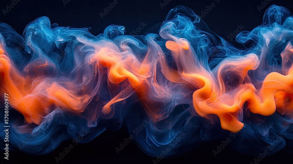 Fototapeta premium Abstract Fluid Motion of Orange and Blue Smoke on Dark Background
