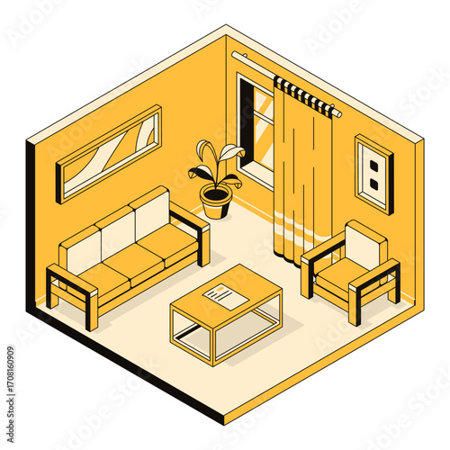 3d interior design of living room, furniture arrangement. Cozy room, home, hotel, flat, house, loft, hostel. Apartment template for design studio, architectural business. Vector isometric illustration