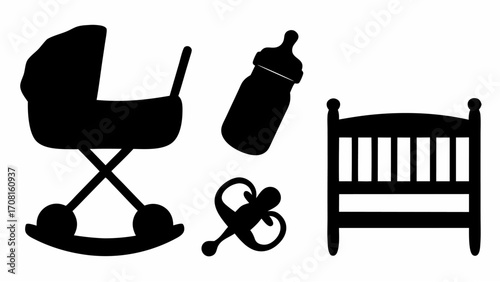 Silhouette illustration of baby carriage bottle pacifier and crib arranged on a white background view