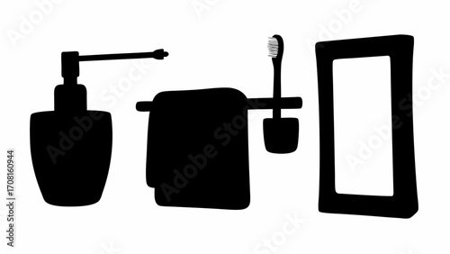 Silhouette of bathroom essentials including a soap dispenser towel toothbrush and a mirror in black