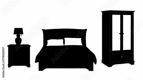 Bedroom furniture set featuring a bed with pillows nightstand with lamp and a wardrobe in silhouette style