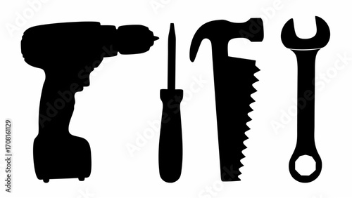 Silhouette illustration of a drill, screwdriver, hammer saw, and wrench tools arranged vertically