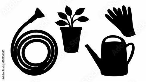 Silhouette depiction of gardening tools including a hose plant gloves and a watering can in black color