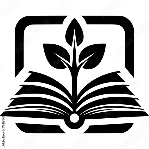 Knowledge Cultivation: An emblem design, showcasing an open book with a growing plant sprouting from it, representing knowledge, growth, and learning, captured in a clean, high-contrast image.