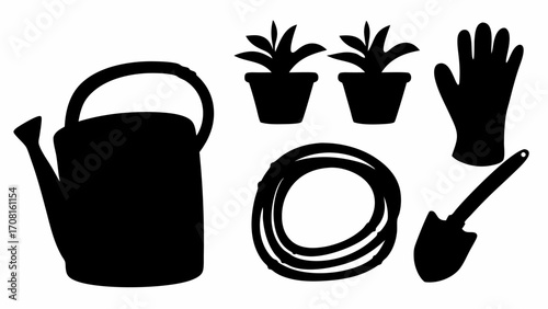 Black silhouettes of a watering can, two potted plants, gloves, a hose, and a shovel on a white background