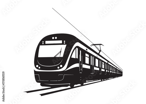 A straightforward silhouette depiction; an electric streamlined commuter train shown from a perspective angle