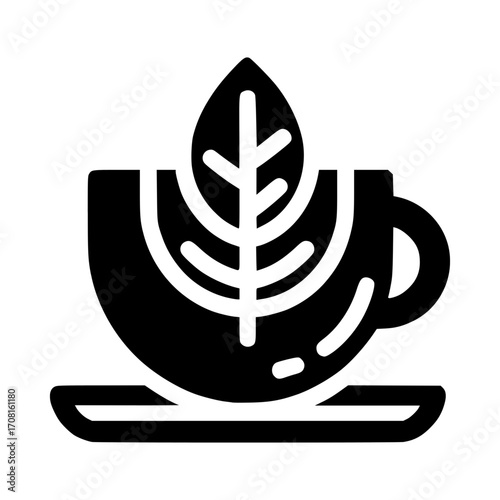 Aromatic Tea Ceremony: A minimalist, elegant depiction of a tea cup adorned with a vibrant tea leaf, capturing the essence of tranquility and the art of tea enjoyment.