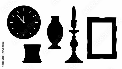 Silhouette of a clock, two vases, a candlestick with a candle and a picture frame on a white background