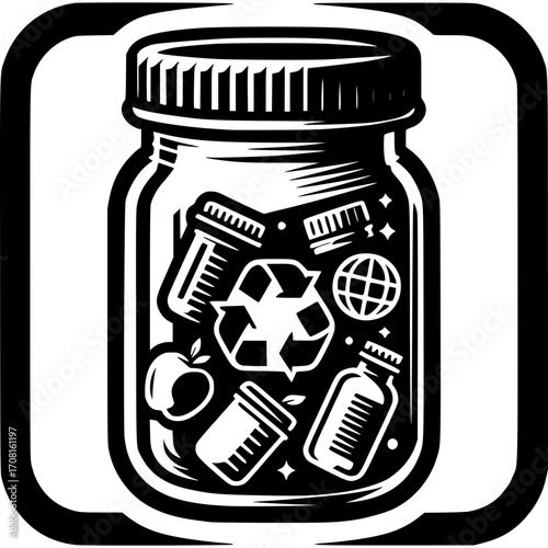 Jar of Recycle: A thought-provoking illustration showing various recyclable items contained within a glass jar. This artwork embodies the concept of environmental preservation.