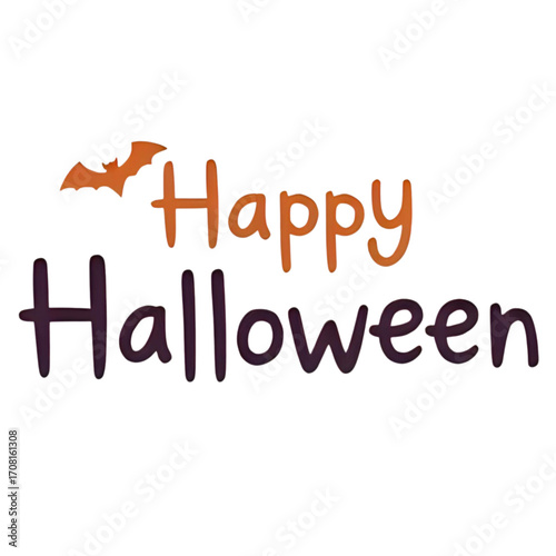 A cheerful Halloween greeting featuring hand-drawn text and a small bat.