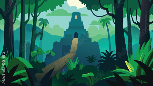 Mysterious jungle temple hidden among towering trees exotic wildlife illustration vector