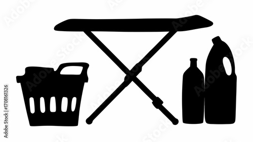 Silhouette of laundry setup with ironing board basket and cleaning supplies on white background scene