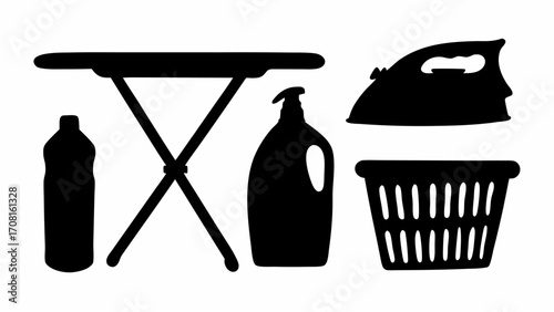 Silhouette image showing laundry related objects including an ironing board iron spray bottle and basket