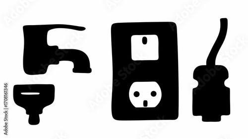 Illustration of a water faucet a drain plug an electrical outlet and a power cord against white backdrop