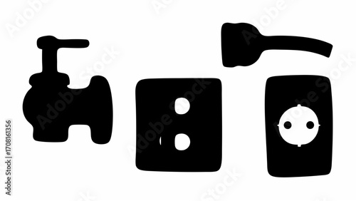 Illustration of a black faucet, double outlet, light switch and electrical outlet on a white background