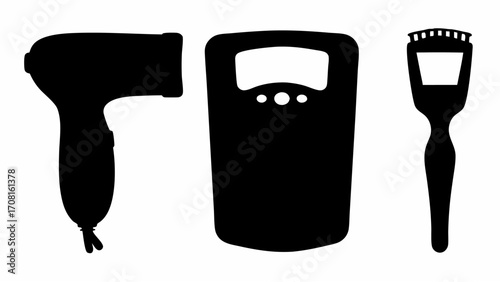 Silhouette of a handheld massager a digital scale and a brush with a rectangular head and handle