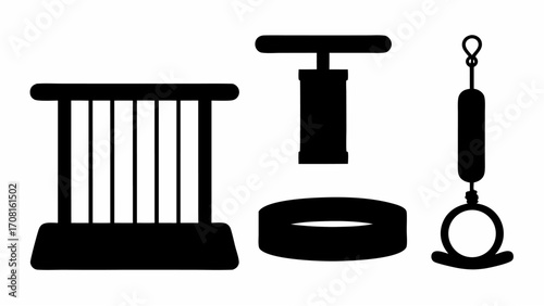 Silhouette illustration of a pasta cutter, plunger, ring mold, and hanging dynamometer in black
