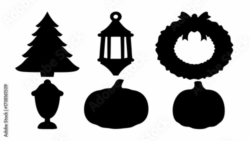 Silhouette of christmas tree, lantern, wreath, urn, and two pumpkins in black and white vector design