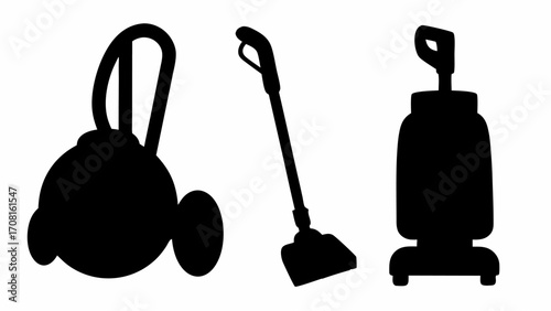 Three vacuum cleaners in silhouette showing different types of cleaning appliances and home maintenance tools