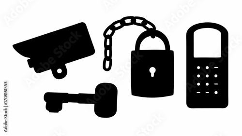 Security themed illustration featuring a surveillance camera, key, padlock, chain, and keypad in black