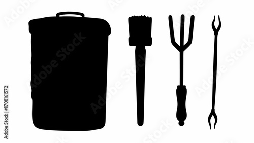Silhouette depiction of a charcoal container alongside a basting brush a fork and a skewer for grilling use