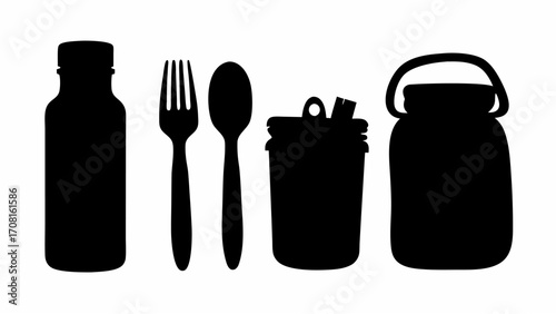 Silhouette of a bottle fork spoon container with utensils and a jar with a handle on a white background