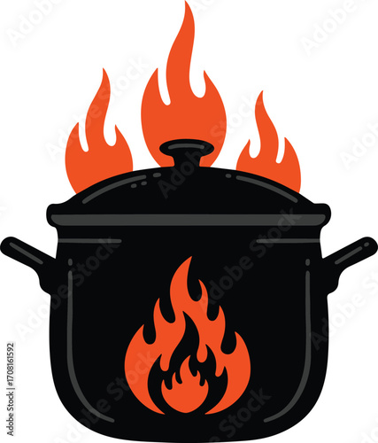 Black pot with orange flames on white background cooking