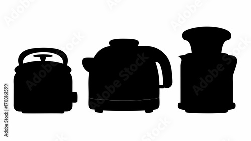 Silhouette depiction of three kitchen appliances including kettles and a coffee press on white backdrop