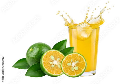 Vibrant citrus juice splashing from a glass, surrounded by fresh, whole and sliced calamansi fruits and lush green leaves against a stark black background.