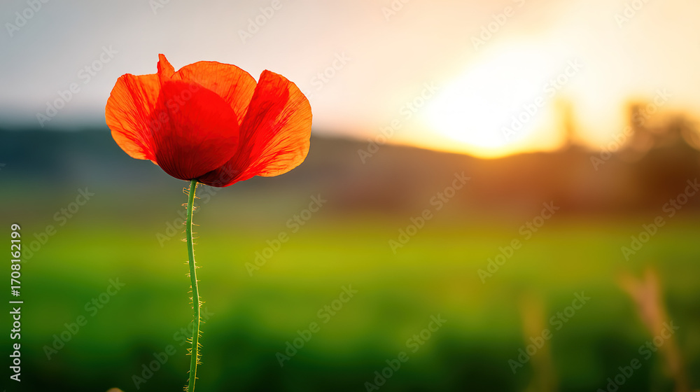 Obraz premium poppy. Close-up of a vibrant red poppy bathed in golden sunset light in a peaceful field. inspiring travel planning, gardening catalogs, designed for