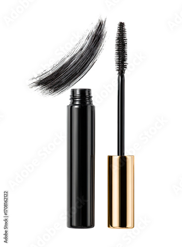 Black mascara tube and wand, smudged mascara