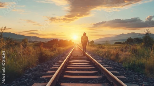 Woman walks sunset railway path.