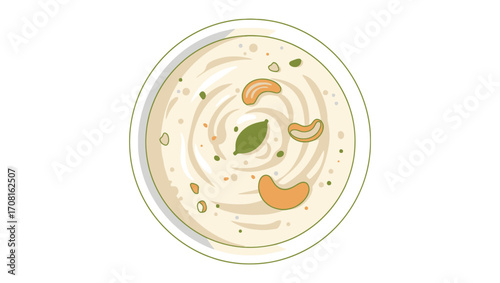 Illustration of a creamy dessert with cashews and mint leaves, perfect for culinary visuals and food-related projects