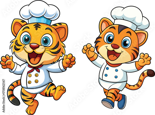 Adorable tiger chef cartoon character, isolated vector mascot design for kids food product, logo, or animation.