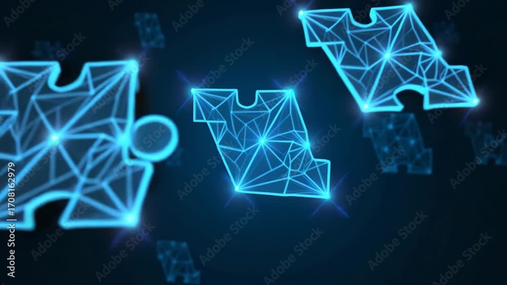 Connecting a jigsaw puzzle with glowing blue low poly triangle wireframe design for business solutions and strategy concept concept as Jigsaw puzzle pieces connecting with glowing blue low poly triang