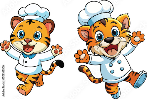 Adorable tiger chef cartoon character, isolated vector mascot design for kids food product, logo, or animation.