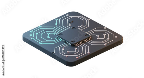 An isometric 3D render shows a central microchip on a dark circuit board with glowing digital traces, symbolizing modern computing, data processing, and progress.