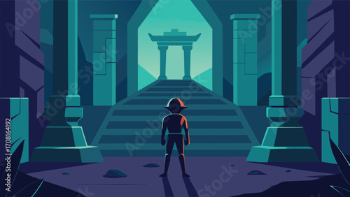 Digital illustration explorer enters ancient temple ruins with glowing entrance vector art