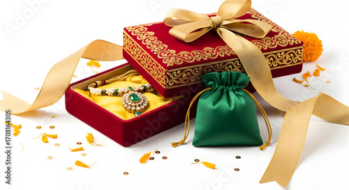 Elegant Indian jewelry gift set for Diwali celebration or wedding present, with gold ribbon and marigold flower accents, perfect for luxurious gifting