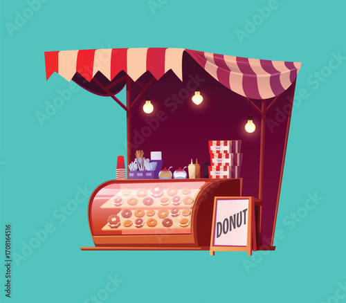 Donut Street Food Stall with Display Case and Canopy Vector