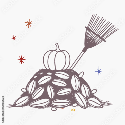 A Whimsical Illustration of a Bountiful Harvest Featuring a Pumpkin Surrounded by a Pile of Seeds and a Rake, Capturing the Essence of Autumn Gardening