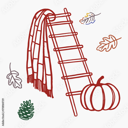 Autumn Decor featuring a Cozy Scarf, Ladder, Pumpkin, and Falling Leaves for Seasonal Home Styling and Warmth