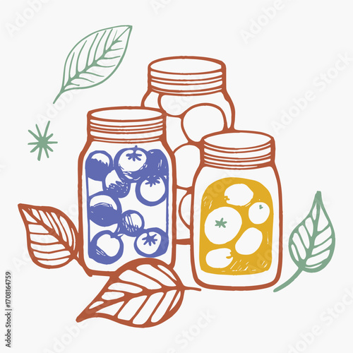 Colorful Jars of Preserved Vegetables with Green Leaves Representing Homemade Canning and Nature's Bounty