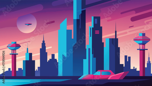 Futuristic neon cityscape vector illustration vibrant metropolis skyline eps