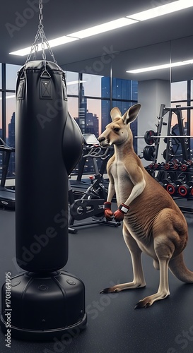 A kangaroo stands ready to face a boxing bag in a modern gym, showcasing urban fitness.